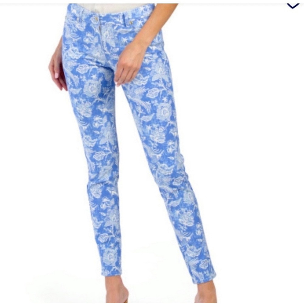 J. McLaughlin Lexi Stretch 4 Jeans Pants Blue Floral Peacock Print Coastal 28x26